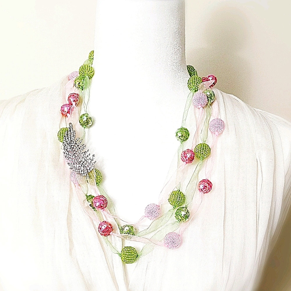 Long Necklace Pink Green Organza Sequin Beads 53”